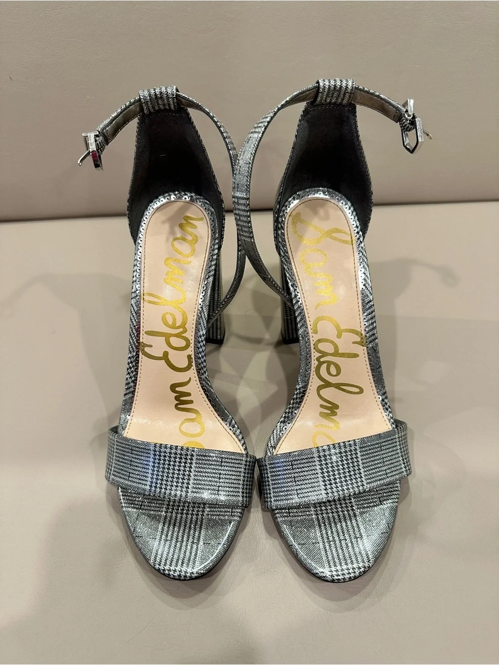 Sam Edelman Gray Plaid Block-Heel Ankle Strap Sandals